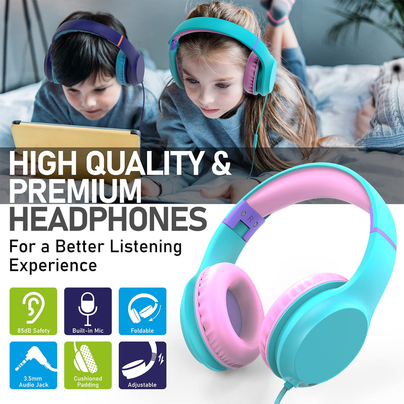 FosPower Kids Headphones (Safe Volume Limit 85 dB) Childrens Headphones Over The Ear, Built-in Mic, 3.5mm Tangle-Free Cable for Boys/Girls/iPad/Smartphones/PC/Kindle/Tablet/Laptop/School - Mint/Pink Mint / Pink