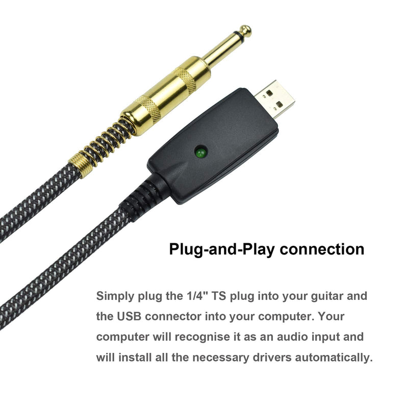10FT Guitar to USB Cable Adapter, Mugteeve USB to 1/4" Electric Bass Guitar Cord for Recording, Quater Inch TS Male Jack to Computer USB Interface, Nylon Braided, OFC Shield, Plug-and-Play Connection USB TS