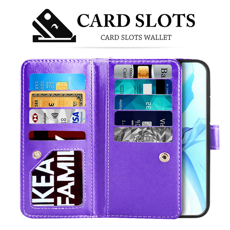 Newseego Compatible with iPhone 12 Pro Max Leather Case (6.7inch),Glitter Faux PU Leather Magnetic Closure Multi-Credit Card Slot Cash Holder Detachable 2 in 1 Wallet Cover with Wrist Strap-Purple Purple