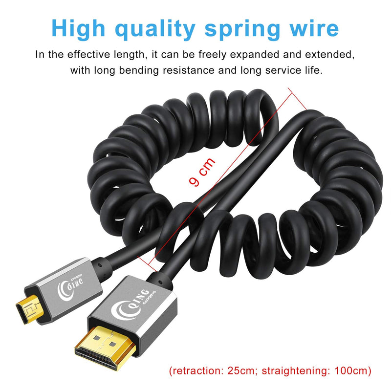 QING CAOQING Micro HDMI to HDMI Spring Wire Cable, High Speed HDMI Cable 18Gbps Support 4K, 3D, Ethernet, Audio Return，Compatible with GoPro, Gopro Hero and Other Action Camera/Cam (3FT) 1M