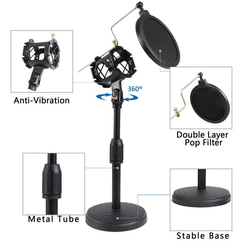 MOFIY Adjustable Round Base Microphone Stand Set With Shock Mount Microphone Holder Pop Filter Desktop Microphone Stand Compatible For Studio Recording Online Broadcasting Chatting Singing Meeting