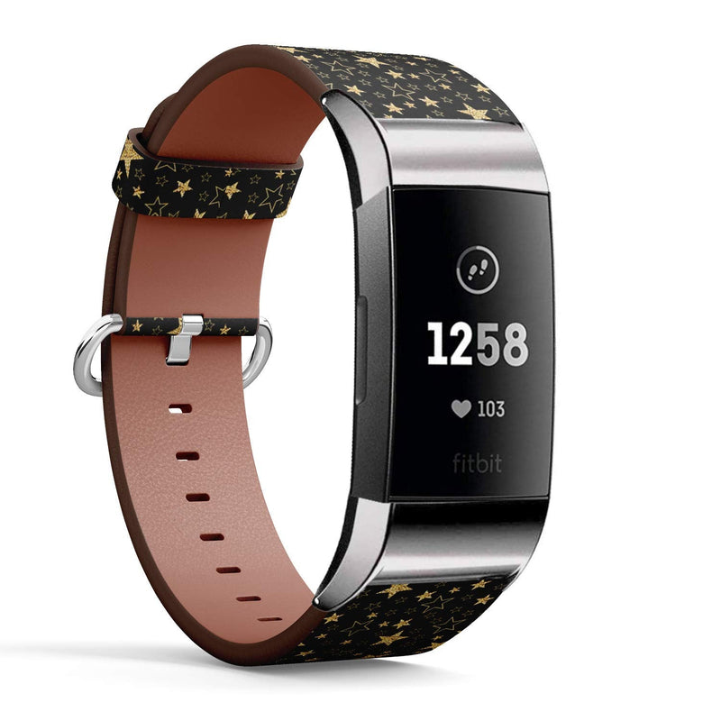 Compatible with Fitbit Charge 4 / Charge 3 / Charge 3 SE - Leather Watch Wrist Band Strap Bracelet with Stainless Steel Adapters (Holiday Stars)