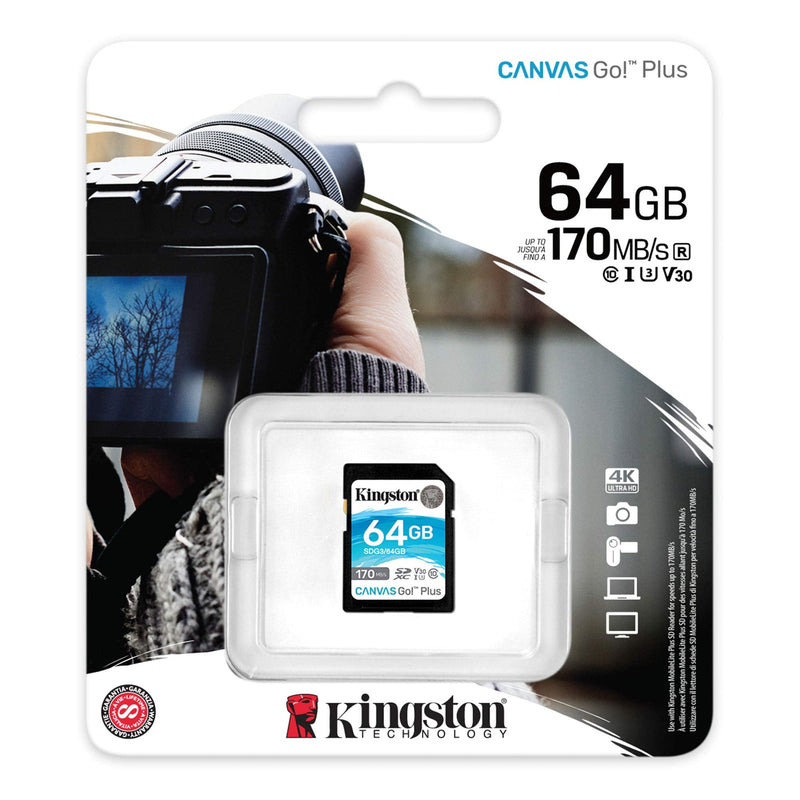 Kingston 64GB SDXC Canvas Go Plus 170MB/s Read UHS-I, C10, U3, V30 Memory Card (SDG3/64GB), Canves Go Plus SD Card Faster (Up to 170 MB/s) Single