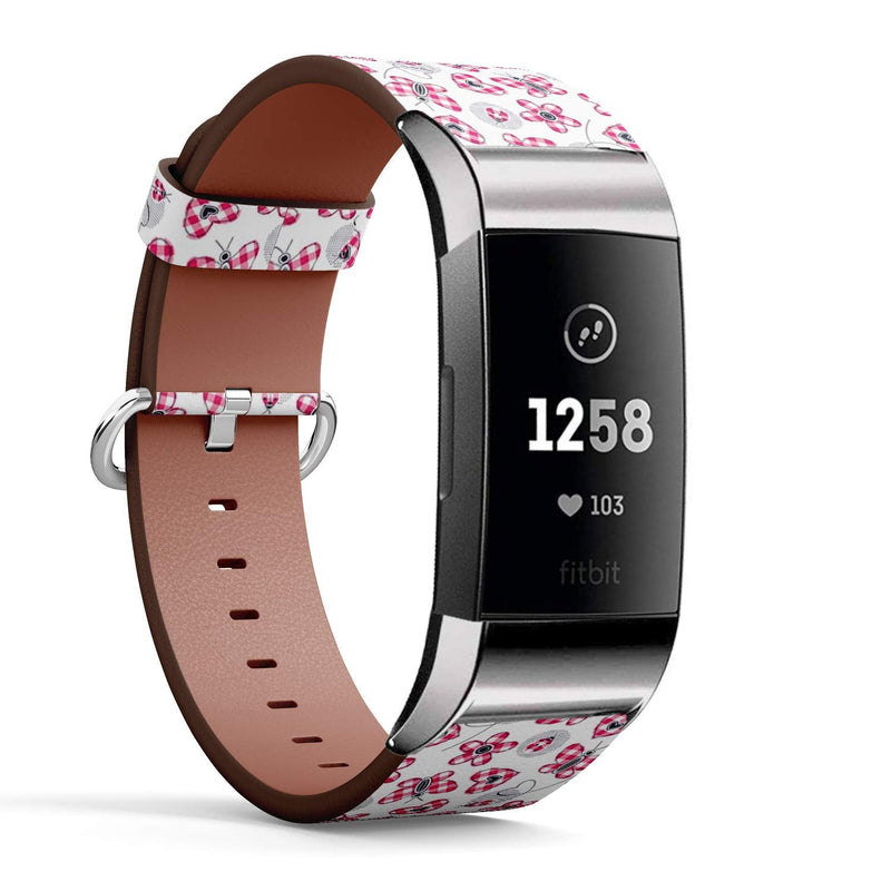 Compatible with Fitbit Charge 4 / Charge 3 / Charge 3 SE - Leather Watch Wrist Band Strap Bracelet with Stainless Steel Adapters (Plaid Hearts Daisies Butterfly Ladybugs)