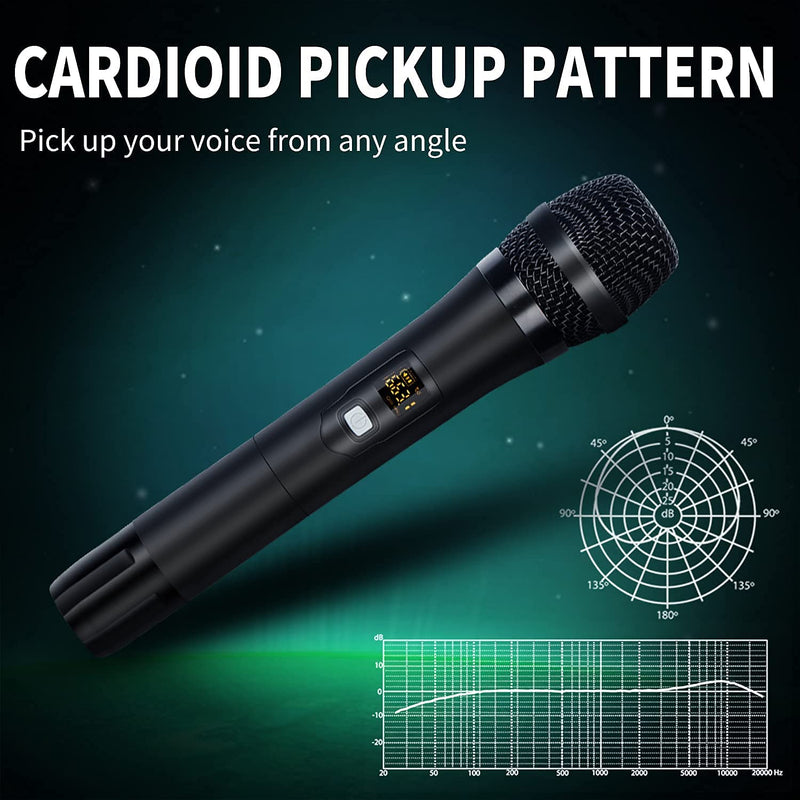 Wireless Microphone UHF Metal Dual Handheld Dynamic Mic Karaoke System with Rechargeable Receiver, 1/4” Output, for Amplifier, PA System, Party Singing, Karaoke, Church - Bomaite W2, Black