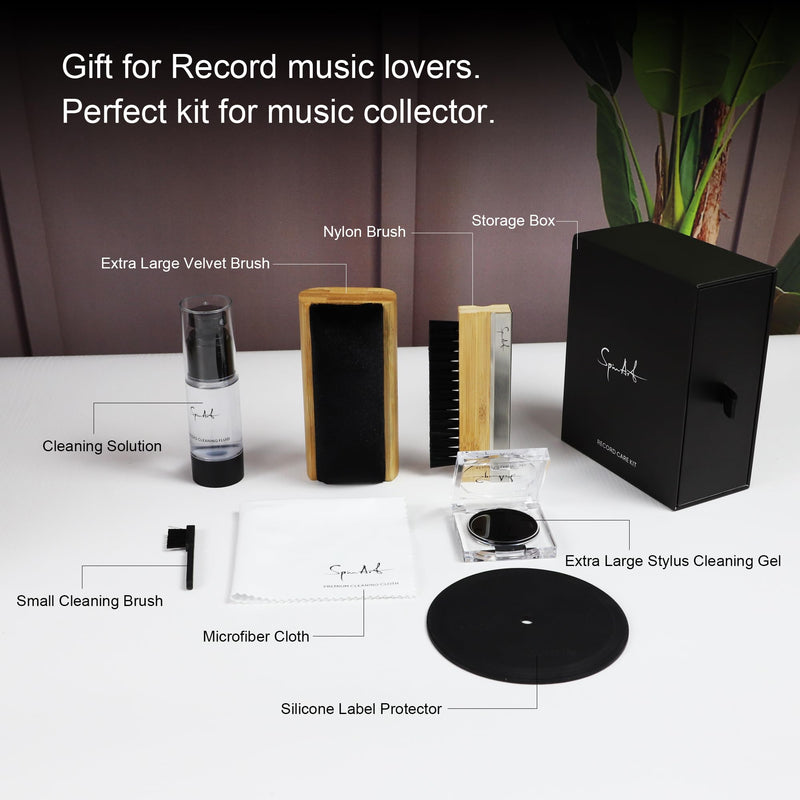 SpinArt Vinyl Record Cleaner Vinyl Record Cleaning Kit 8 -in-1,Includes Soft Velvet & Record Brushes, LP Cleaning Solution, Turntable Stylus Gel, Microfiber Cloth, Label Protector & Storage Box