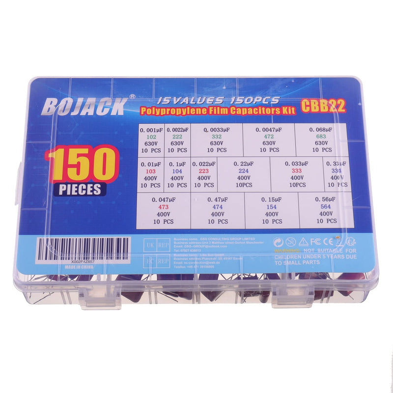 BOJACK 15 Values 150 Pcs Metallized Polypropylene Film DC Capacitor 400V/0.01uF ~ 0.56uF 630V/ 0.001uF ~ 0.068uF Assortment Kit