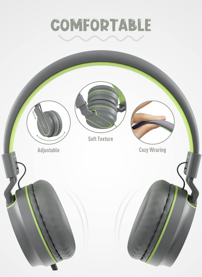 AILIHEN I35 Kid Headphones with Microphone Volume Limited 85dB Children Girls Boys Teen Lightweight Foldable Wired Headset for School Online Course Chromebook Cellphones Tablets (Grey/Green) Gray