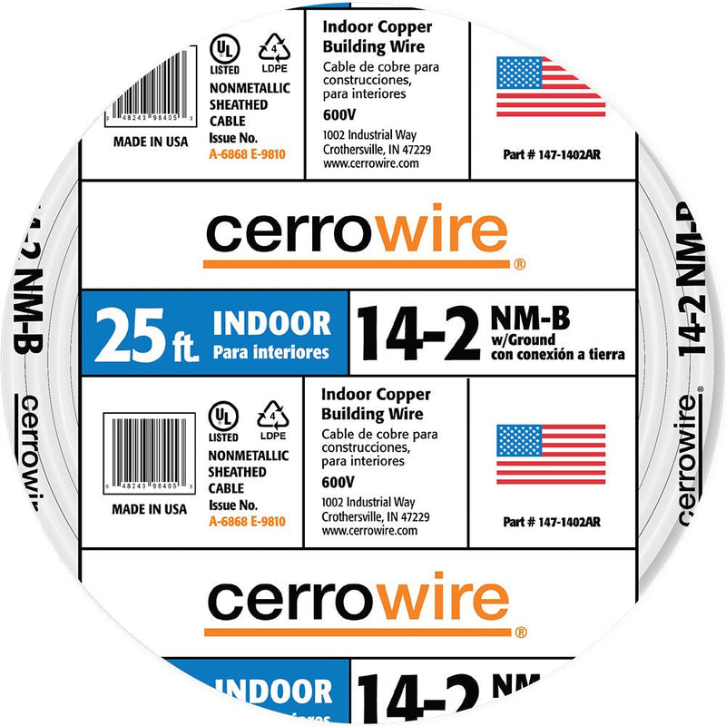 Cerrowire 147-1402AR 25-Feet 14/2 NM-B Solid with Ground Wire, White