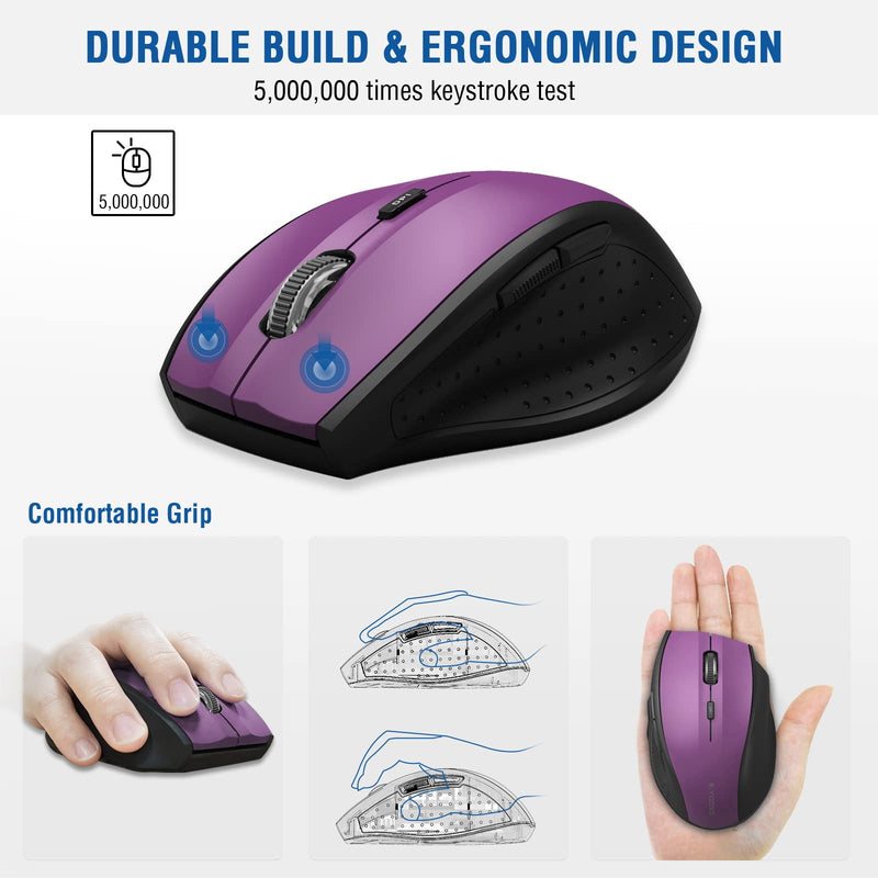 Wireless Mouse, E-YOOSO Computer Mouse 5 Adjustable DPI 6 Buttons Cordless Mouse Wireless Optical Mice with USB Nano Receiver, 2.4G Portable Ergonomic Wireless Mouse for Laptop/Windows/Mac(Purple) Purple