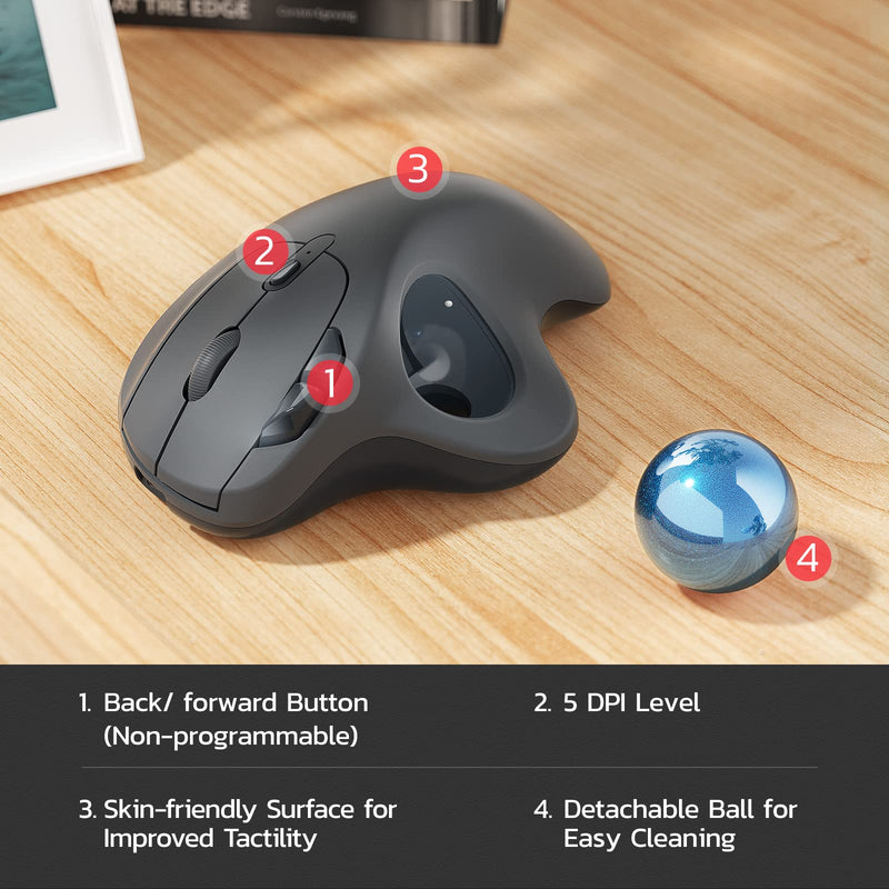 Wireless Trackball Mouse, Rechargeable Ergonomic Mouse, Easy Thumb Control, Precise & Smooth Tracking, 3 Device Connection (Bluetooth or USB), Compatible for PC, Laptop, iPad, Mac, Windows, Android Grey-Blue