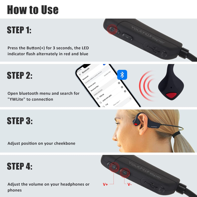 YouthWhisper Bone Conduction Headphones Bluetooth 5.0 with Mic, Titanium Lightweight, Open-Ear Wireless Sweatproof, Music Answer Phone Call for Running Hiking Driving Bicycling - Black