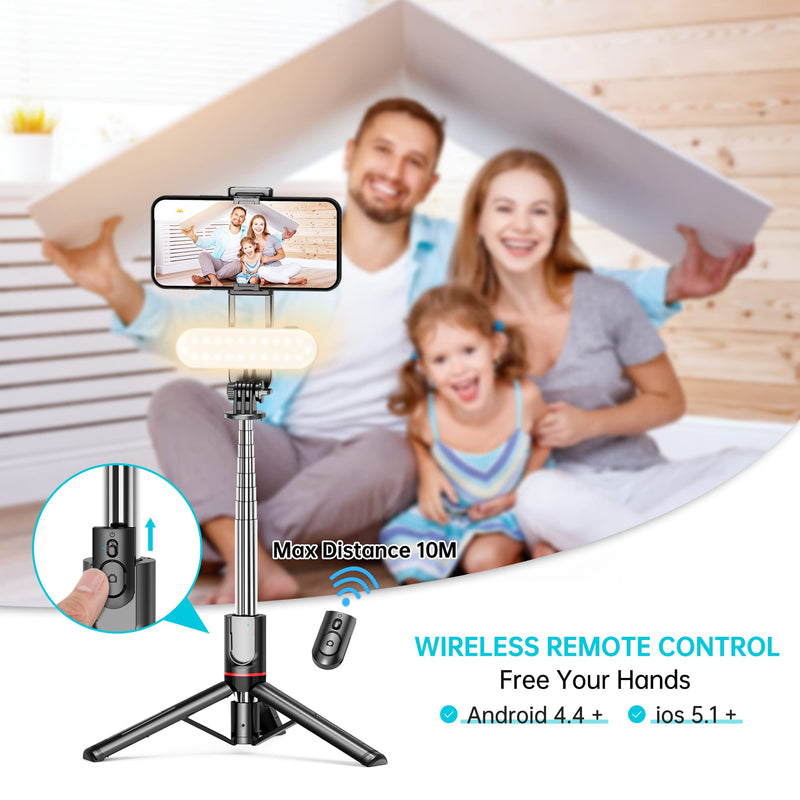 Stable Selfie Stick Tripod with Fill Light, 44 Inch Extendable Selfie Stick with Wireless Remote and Tripod Stand 360 Rotation for iPhone 13/12/11 Pro/XS Max/XS/XR/X/8/7, Samsung and Smartphone With Light
