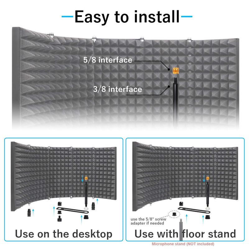 MOFIY 5-Panel Foldable Studio Recording Microphone Isolation Shield Mic Vocal Booth Sound Absorbing Shield With High Density Absorbent Foam For Most Of Microphone Stand And Tabletop（Arc-Shaped） 5 Panels