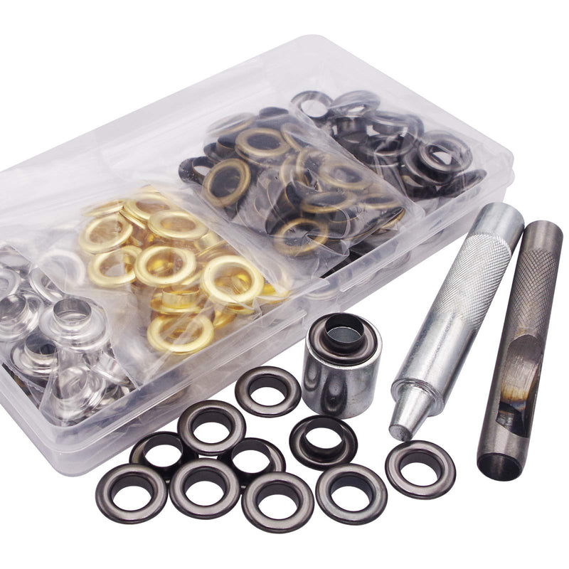 Wolfride Brass Grommet kit 10mm 3/8" Inside Diameter Canvas Grommet Kit Fabric Grommet Kit Tarp Eyelet kit 100 Sets (4 colors)