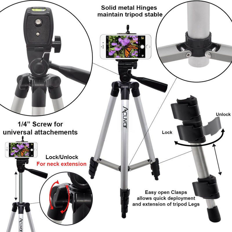 Acuvar 50" Smartphone/Camera Tripod with Rotating Mount. Fits iPhone X, 8, 8+, 7, 7 Plus, 6, 6 Plus, 5s Samsung Galaxy, Android, etc.