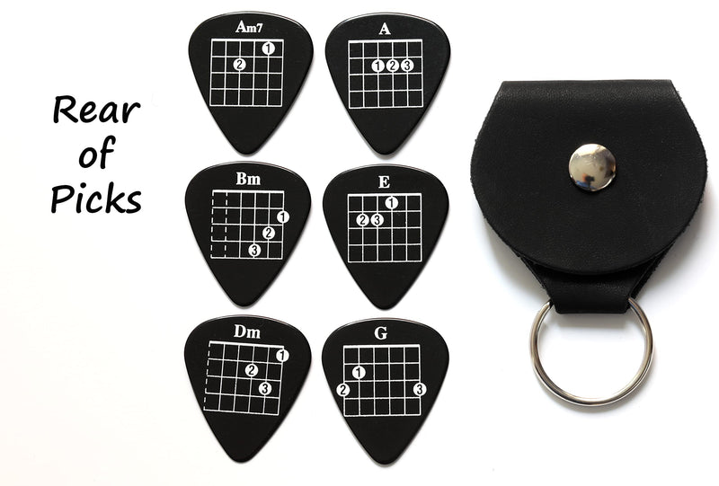 6 Black Chord Guitar Plectrums with Leather Keyring Pick Holder - Double Sided - Harmony Picks