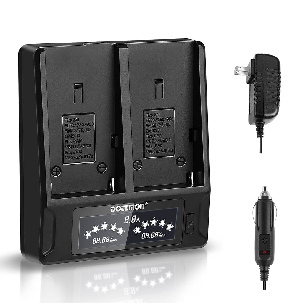 DOTTMON LCD Dual Slots Fast NP-F970 Battery Charger with 2 Plug(US Plug,Car Adapter) for Sony NP-F550 F570 F750 F770 F930 F950 F960 F970, NP-FM50 FM500H QM71 QM91 QM71D QM91D Camcorder Batteries
