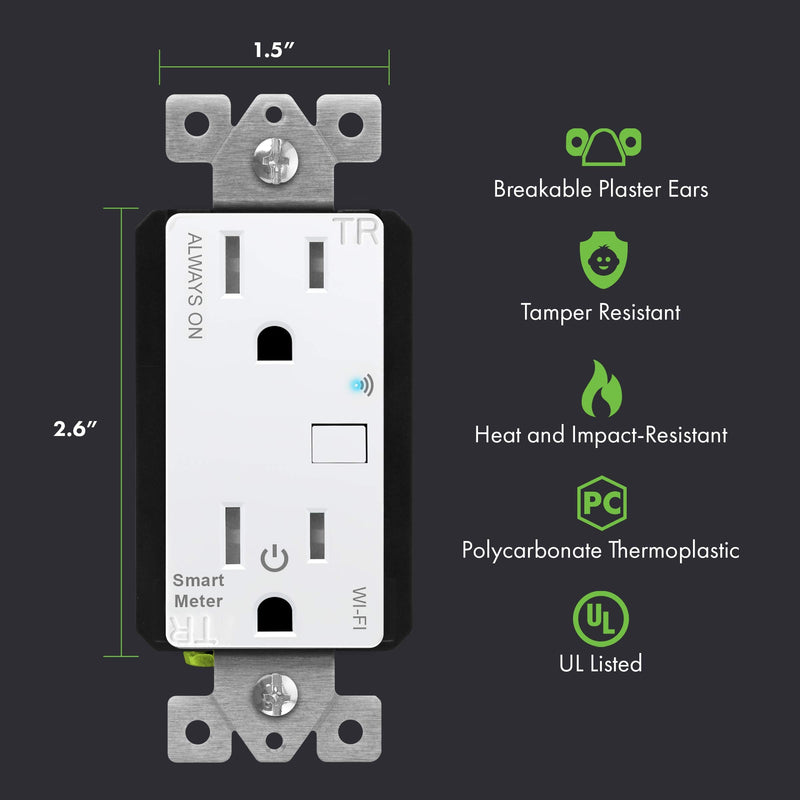 TOPGREENER Smart Wi-Fi Outlet with Energy Monitoring, Tamper-Resistant, In-Wall, No Hub Required, Works with Amazon Alexa & Google Assistant, TGWF15RM 1 Pack, White