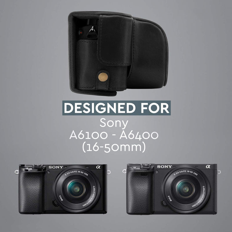 MegaGear Ever Ready Leather Camera Case Compatible with Sony Alpha A6100, A6400 (16-50mm) Black