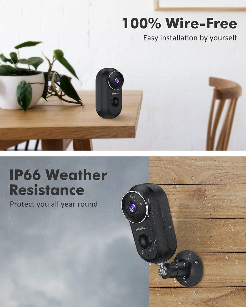 ZUMIMALL Wireless Outdoor Security Camera, 1080P Battery Powered WiFi Surveillance Cameras for Home Security System, Night Vision, Motion Detection, 2-Way-Talk, IP66 Weatherproof Black