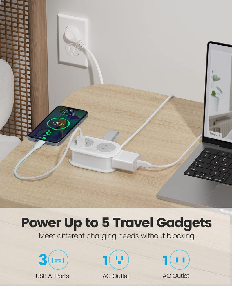 ORICO Travel Power Strip with 3.7 ft Extension Cord, Cruise Approved Power Strip with 2 AC Outlets 3 USB Ports, Travel Must Haves Cruise Essentials - White 3 USB-A | 2 Outlets | White