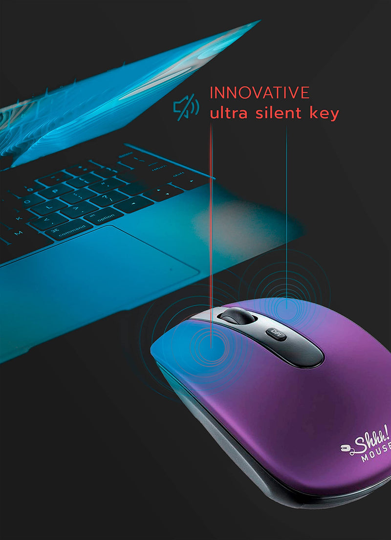 ShhhMouse Wireless Silent Noiseless Clickless Mobile Optical Mouse with USB Receiver and Batteries Included, Portable and Compact, for Notebook, PC, Laptop, Chromebook, Computer, MacBook (Purple)