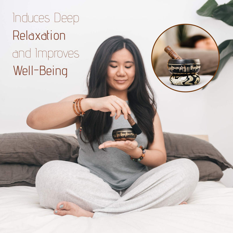 Tibetan Singing Bowl Set ~ 7 Chakra Stones and Lava Stone Chakra Bracelet ~ Easy to Play with Fabric Case, Cushion, Mallet ~ Handcrafted in Nepal for Meditation, Yoga, Spiritual Healing, & Mindfulness Black/ Healing Crystals Set