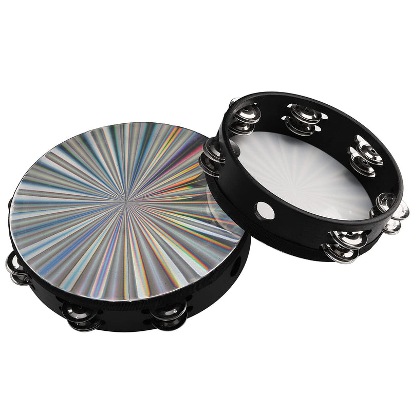 YOUEON 2 Pack Radiant Tambourine with Double Row Jingles, 8 Inch /10 Inch Wood Handbell Music Reflective Drum, Hand Drum Percussion Instrument for Christian Dance, Tambourine for Dance