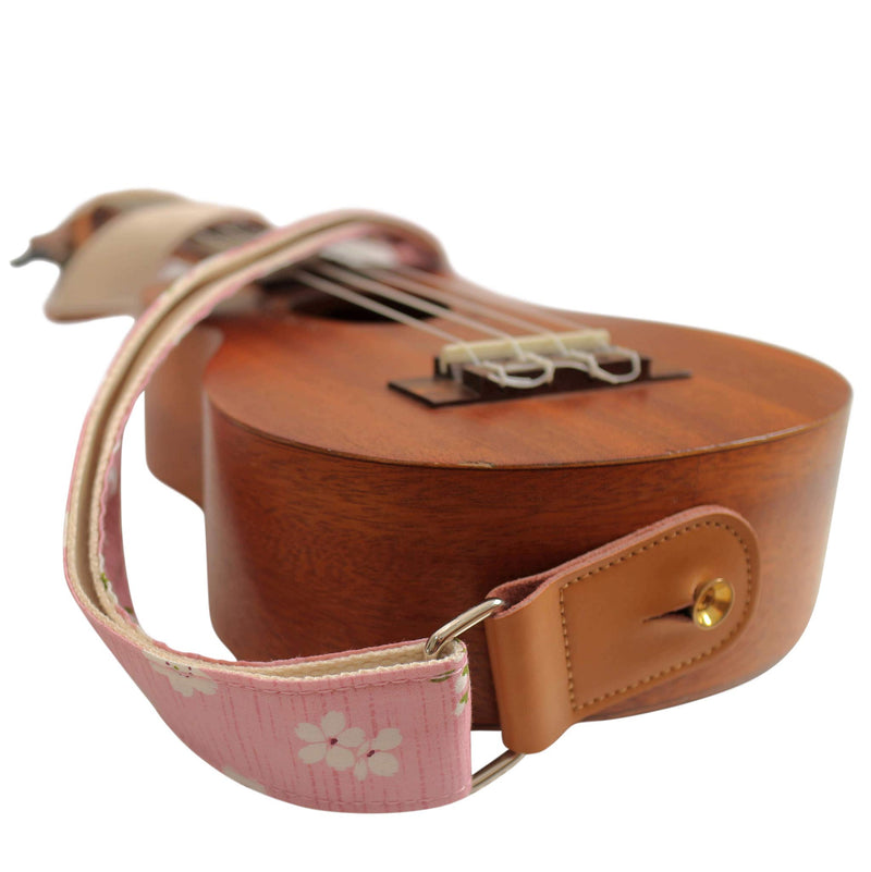 [AUSTRALIA] - MUSIC FIRST Original Design Vintage “Pink Sakura” Soft Cotton & Genuine Leather Ukulele Strap Ukulele Shoulder Strap With a MUSIC FIRST Genuine Leather Strap Locker 