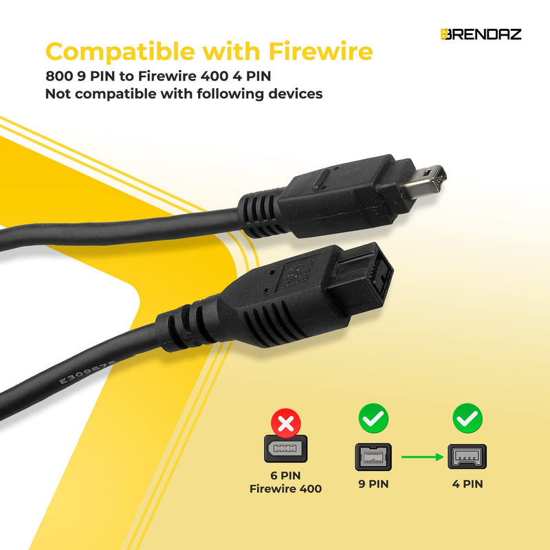 BRENDAZ - Ultra Speed FireWire Cable – Premium Quality 9-pin Male to 4-pin Male DV Cable Works with Cameras, Laptop, MacBooks Pro, Camcorders, etc. – 800Mbps (6-Feet) 6-Feet