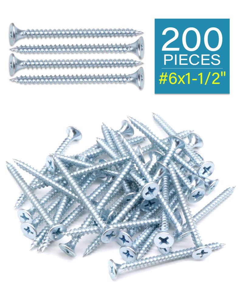 IMScrews 200pcs #6x1-1/2" Flat Head Phillips Drywall Screws Fine Thread Sharp Point Wood Screw Assortment Kit, Carbon Steel 1022A, Zinc Coated 6x1-1/2"(200pcs)