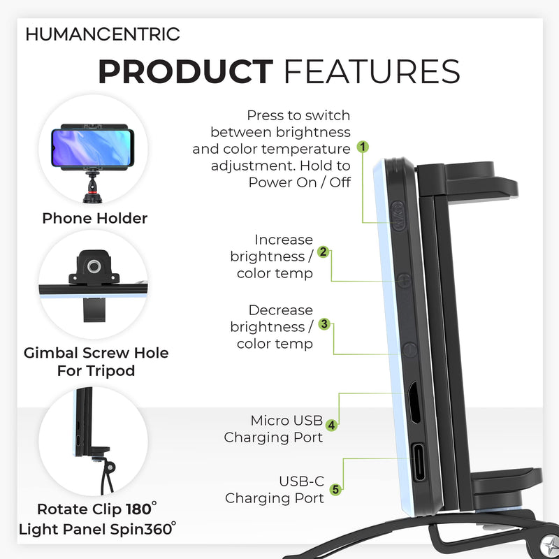 [AUSTRALIA] - HumanCentric Video Conference Lighting Kit, Camera Light for Zoom Meetings, Streaming Video Face Light, Easy Setup for Remote Work, Computer Monitor or Laptop Light for Video Conferencing 