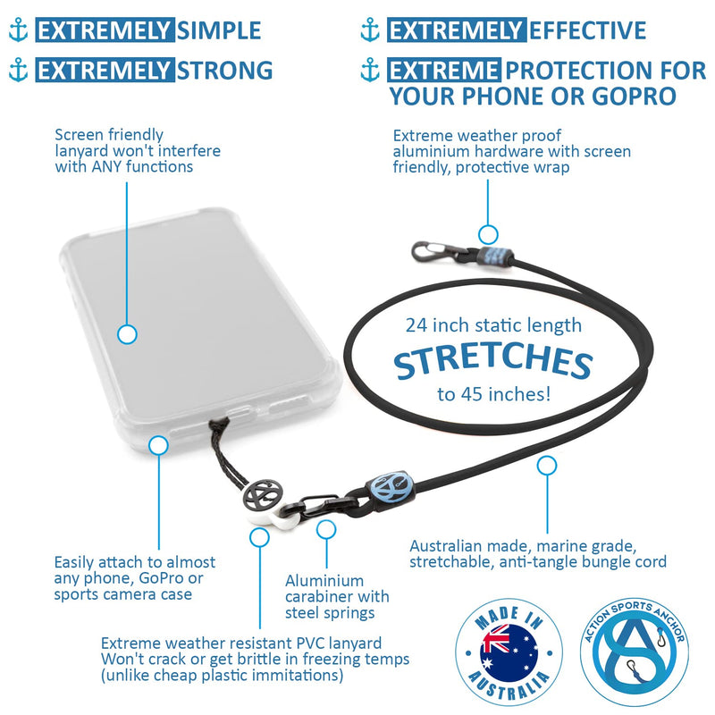 Action Sports Phone Anchor – Tough Outdoors Aussie Made Lanyard & Anti-Tangle Bungie Cord Leash Securely Tether Your Phone ProCam Keys Wallet (Black) Black