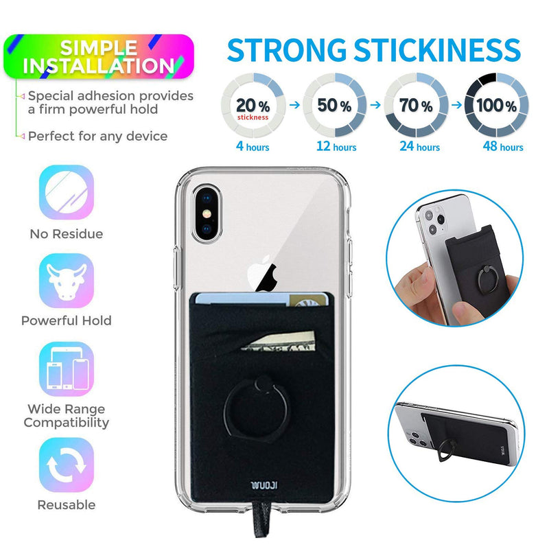 New 6-in-1 Stick On Wallet for Any Phone Case | Unique: Spandex + Mounts to Magnets + Double-Pocket + Finger Strap + +Wrist Lanyard+Neck Lanyard+RFID Block – Strong Sticky + Magnetic (Black) BLACK-L