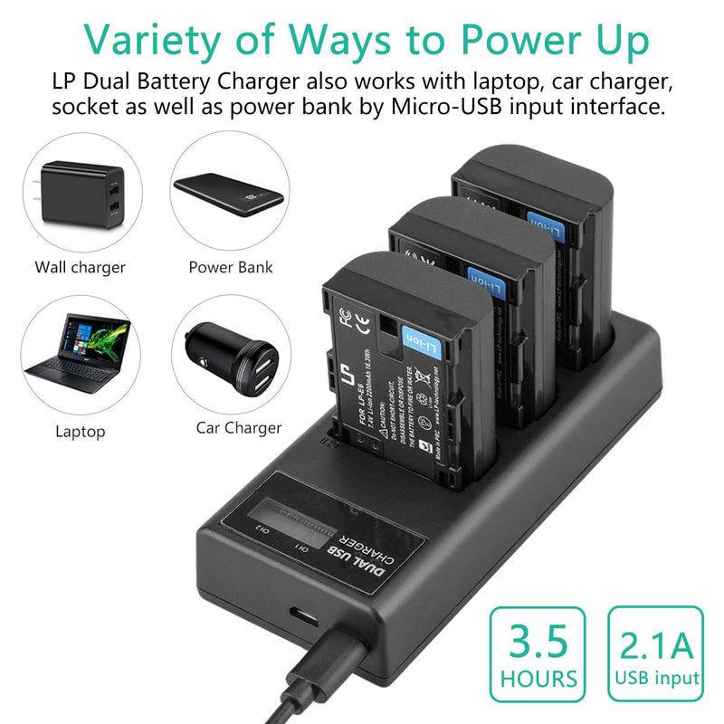 LP-E6 LP E6N Battery Charger Pack, LP 3-Pack Battery & Triple Slot Charger Compatible with Canon EOS 90D, 80D, 70D, 60D, 60DA, 7D Mark II, 7D, 6D Mark II, 6D, 5D Mark IV, 5D Mark III, 5D Mark II, R,R5 3 Batteries and Charger