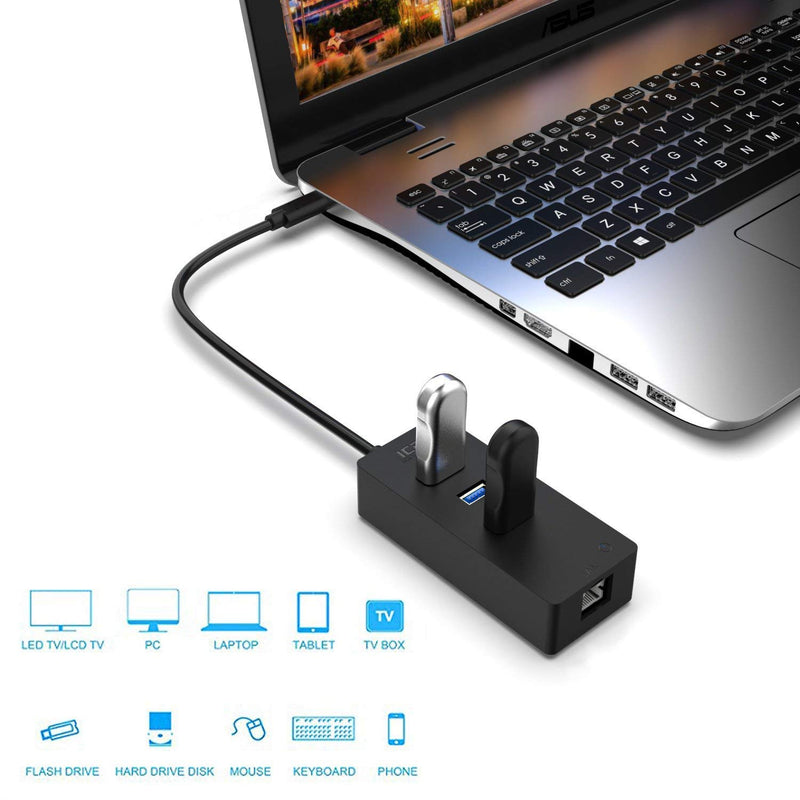 ICZI USB C Hub Ethernet Adapter with 3 USB 3.0 Splitter and RJ45 Gigabit Ethernet Hub Supporting 10/100/1000 Mbps Network Black (USB-C)