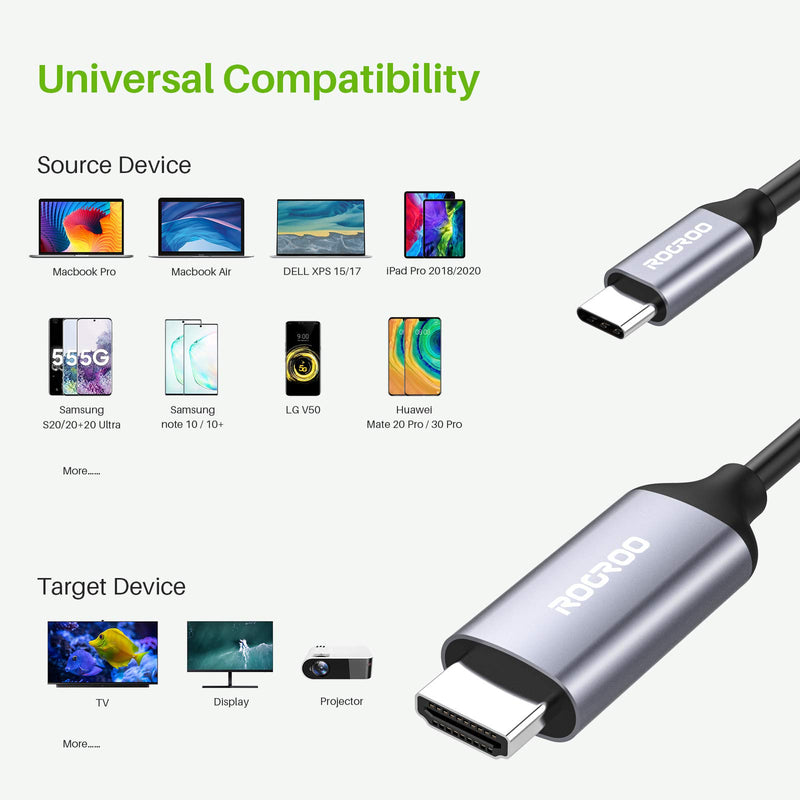 USB C to HDMI Cable 4K@60Hz, ROOROO USB C to HDMI Adapter [Thunderbolt 3 Compatible] for Samsung S20/Note 10, MacBook Pro 2020/2019, MacBook Air/iPad Pro 2020, Surface Book 2 and More for Home Office