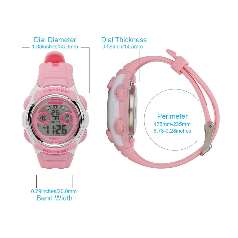 Digital Multi Function Sports Water Resistant 7-Colors Backlight Wrist Watches Children Boys Girls Pink
