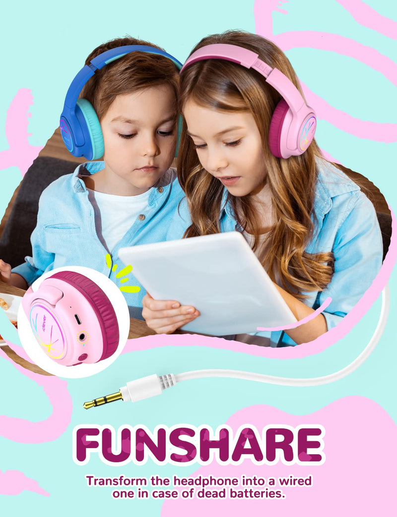 iClever Kids Bluetooth Headphones with LED Lights, BTH18 Safe Volume 74/85/94dBA, 43H Playtime, Stereo Sound, USB-C, AUX Cable, Bluetooth5.3 Over Ear Kids Headphones Wireless for Tablet/Travel, Pink