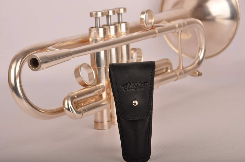Trumpet valve Guard MG Leather Work, valve protector for lacquer, raw brass, silver finish (Pouch, Black)