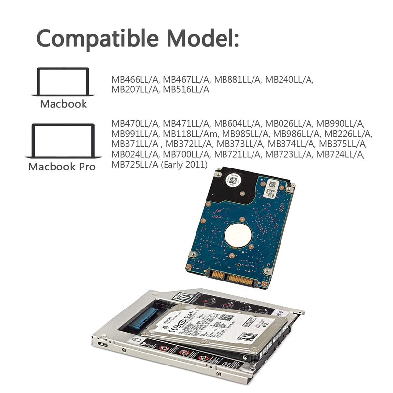 eSynic Hard Drive Caddy Tray 2.5" 2nd HDD SDD Kit 9.5mm SATA HDD SSD Adapter Optical Bay Drive Slot for Pro Unibody 13 15 17 SuperDrive DVD Drive Replacement Only