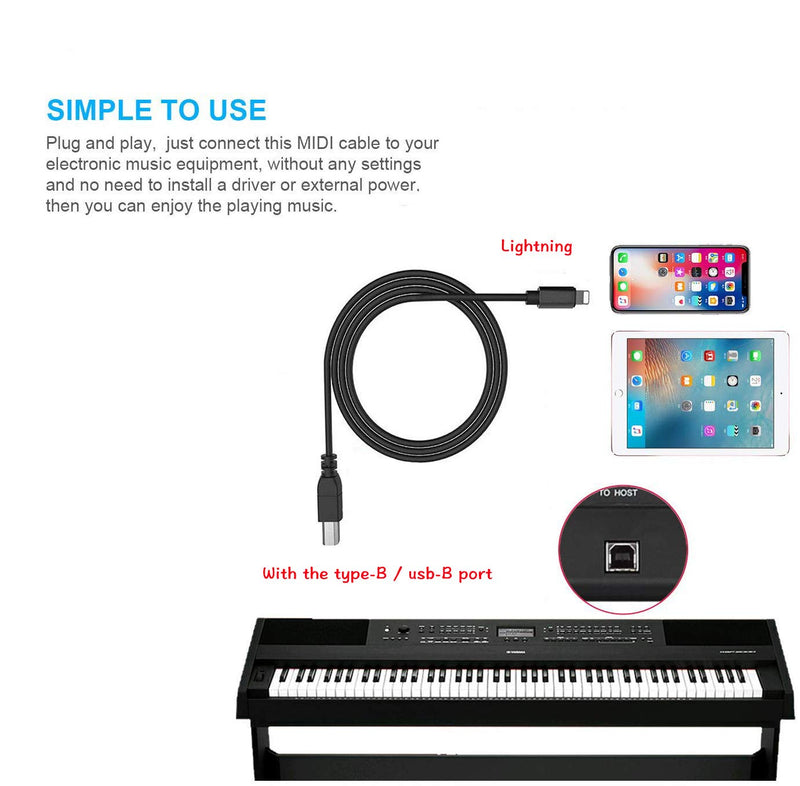 [AUSTRALIA] - Phone to MIDI Cable,Aoiutrn USB 2.0 OTG Type B Musical Instrument Midi Adapter Cord Compatible with iPhone 11 Pro / 11 /XS/Max/X/8/7 to Electric Piano,Midi Keyboard,Audio DAC and More (Black) Black 