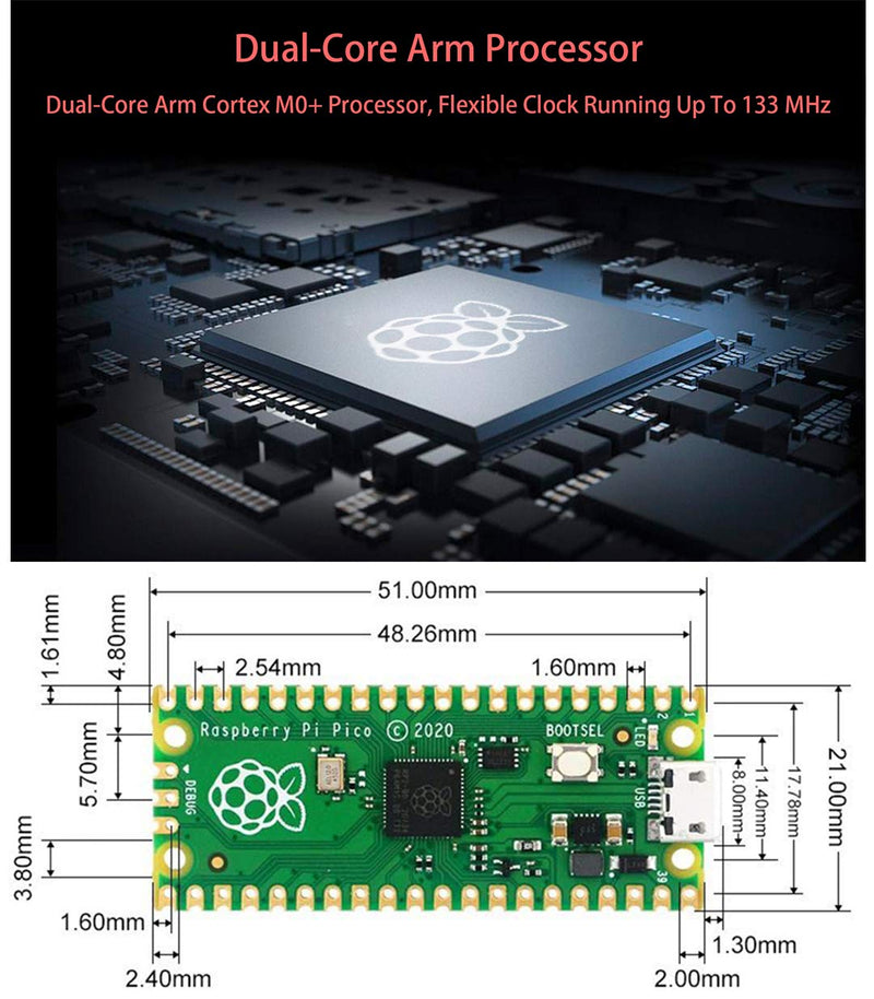 Raspberry Pi Pico Flexible Microcontroller Mini Development Board Based on The Raspberry Pi RP2040,Dual-Core ARM Cortex M0+ Processor, Flexible Clock Running up to 133 MHz Support C/C++/Python