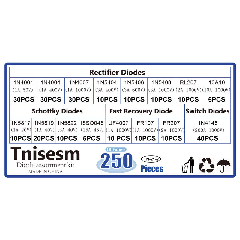 Tnisesm 250 Pcs 16 Values Rectifier/Schottky/Fast Recovery/Switch Diode Assortment Kit,1N4001 1N4004 1N4007 1N5404 1N5406 1N5408 RL207 10A10 1N5817 1N5819 1N5822 15SQ045 UF4007 FR107 FR207 1N4148