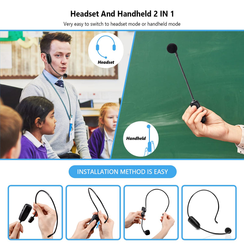 [AUSTRALIA] - Bietrun UHF Wireless Microphone Headset, 165ft Range, Working Time 6H, 1/4''Plug, Wireless Headset Mic ＆Handheld Mic 2 in 1, for Karaoke Speaker, Amplifier, Mic Speakers, PA System, Teaching, Fitness Black 