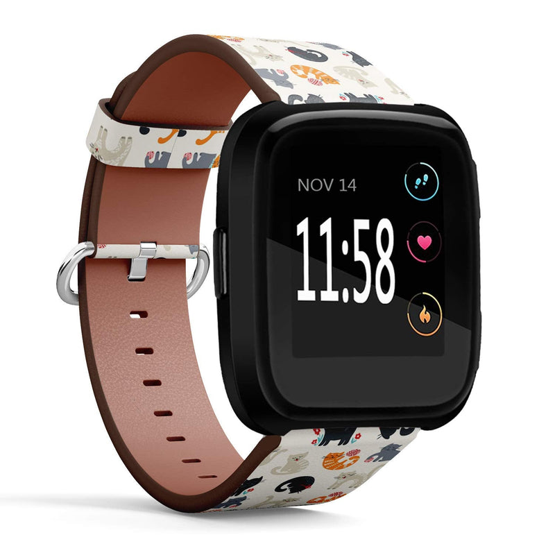 Compatible with Fitbit Versa/Versa 2 / Versa LITE - Leather Watch Wrist Band Strap Bracelet with Quick-Release Pins (Cute Cats)