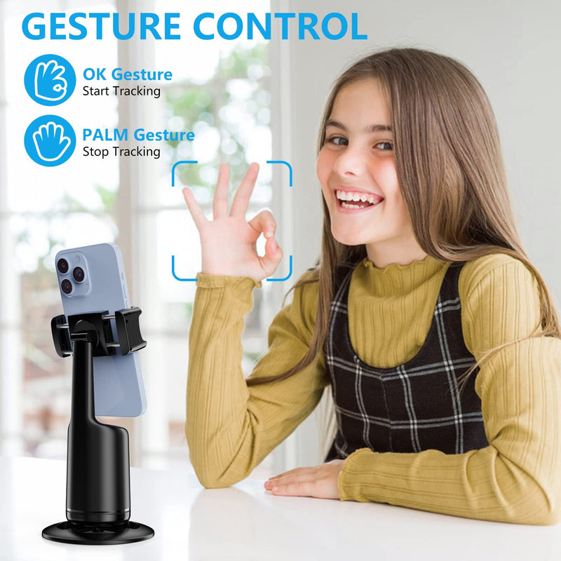 [AUSTRALIA] - Auto Face Tracking Tripod, No App, 360° Rotation Face Body Phone Camera Mount 3000mAh Rechargeable Battery Gesture Control, Smart Shooting Holder for Vlog, Streaming, Video, Tiktok- Black 
