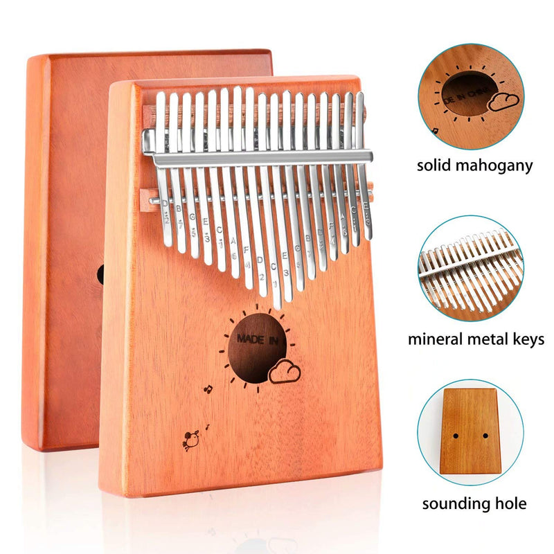 Kalimba 17 Keys, Thumb Piano with Study Instruction and Tune Hammer, Solid Mahogany Wood Portable Mbira Sanza African Wood Musical Instrument Finger Piano for Kids Adult Beginners Professionals brown