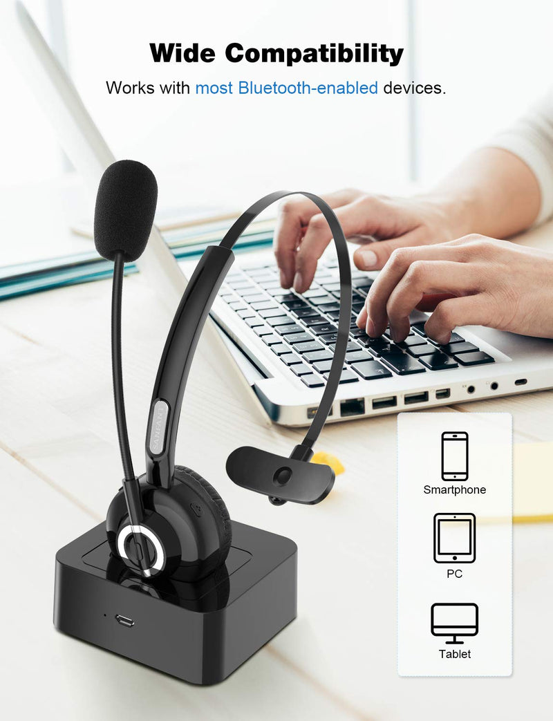 Bluetooth Headset with Microphone,Sanfant V5.0 Trucker Bluetooth Headset with Mic Noise Canceling, 18hr Talktime Headset with Standing Dock, Car Wireless Headset for Cell Phone/PC/Skype 1Shiny Black